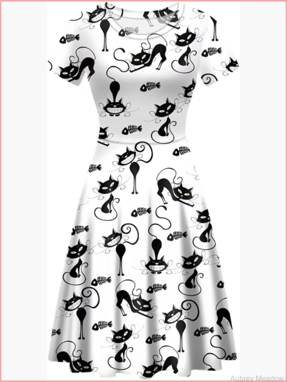 A-Line Flared Midi Dress for Party with Cat Print